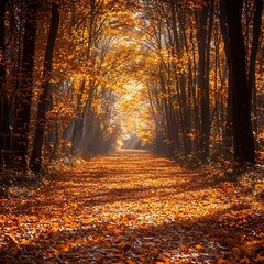 Fototapeta premium A tranquil forest path in autumn, with vibrant orange leaves carpeting the ground, illuminated by soft sunlight filtering through the trees, creating a serene atmosphere.