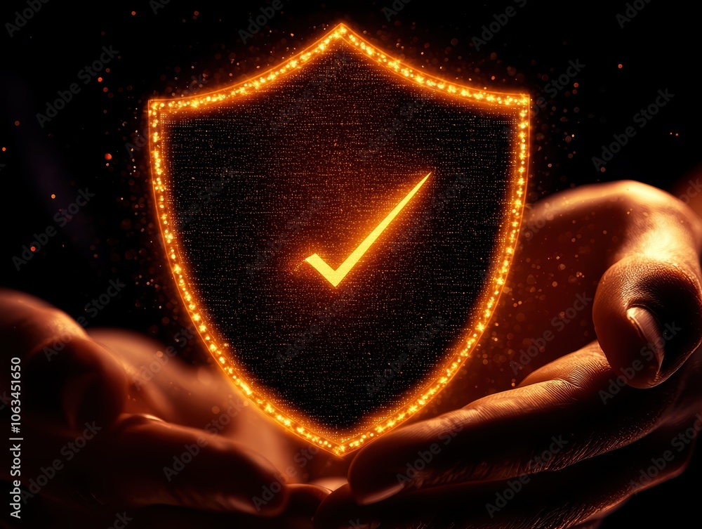 Poster a glowing shield symbol with a check mark is held between two hands, symbolizing security and protec