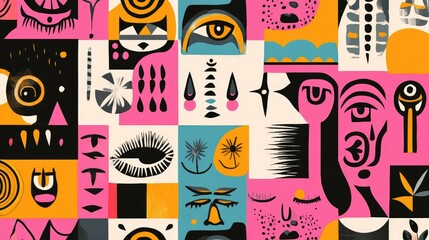 Fototapeta premium A bold, abstract background with surreal, whimsical faces and eclectic shapes, using vibrant and varied colors.