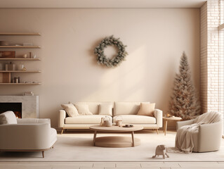 Christmas wreath on the wall in simple minimalist living room in neutral colors. Minimalist festive Christmas decor in interior.