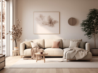 Christmas wreath on the wall in simple minimalist living room in neutral colors. Minimalist festive Christmas decor in interior.