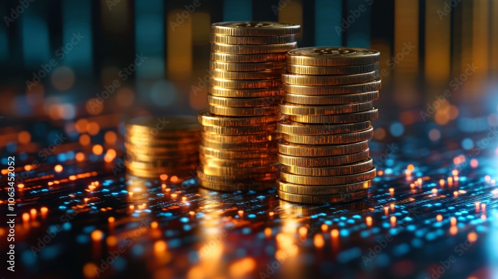 Poster stacks of shiny golden coins rest on a vibrant digital circuit board, illustrating the intersection 
