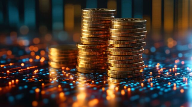 Stacks of shiny golden coins rest on a vibrant digital circuit board, illustrating the intersection of currency and technology in today's financial world.