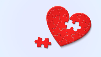Incomplete heart-shaped red jigsaw puzzle piece. Concept of healthy living, loving heart health, relationship, and love. Missing puzzle on a white background