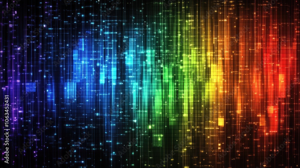 Poster a glitchy static-filled rainbow screen with abstract geometric patterns in bold colors, blending dig