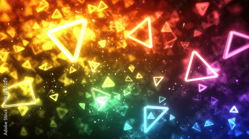 Poster a retro-futuristic rainbow static background with geometric shapes like triangles and circles scatte