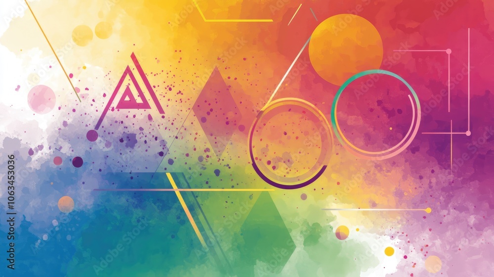 Poster a retro-futuristic rainbow static background with geometric shapes like triangles and circles scatte