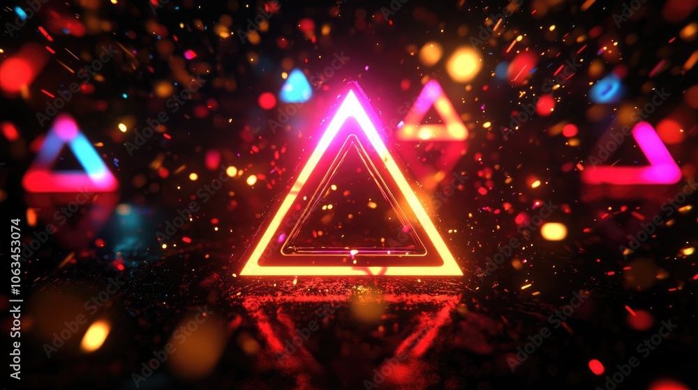 Poster a retro-futuristic rainbow static background with geometric shapes like triangles and circles scatte