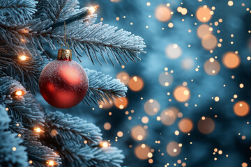 A festive red ornament glistens on a snowy tree branch, illuminated by soft, glowing holiday lights in winter Generative AI