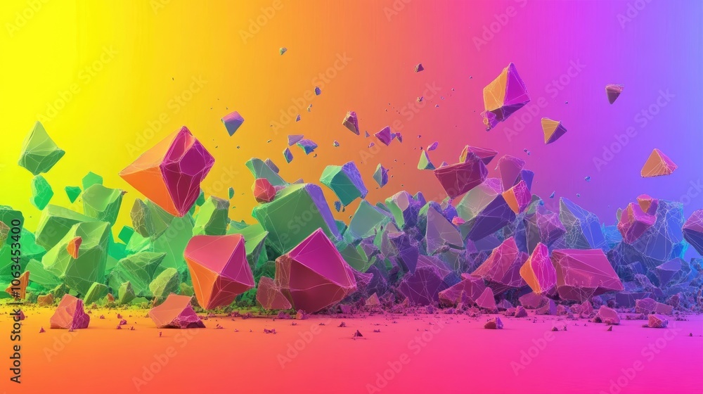 Poster a static-filled screen background with rainbow colors and vibrant geometric shapes floating in the f