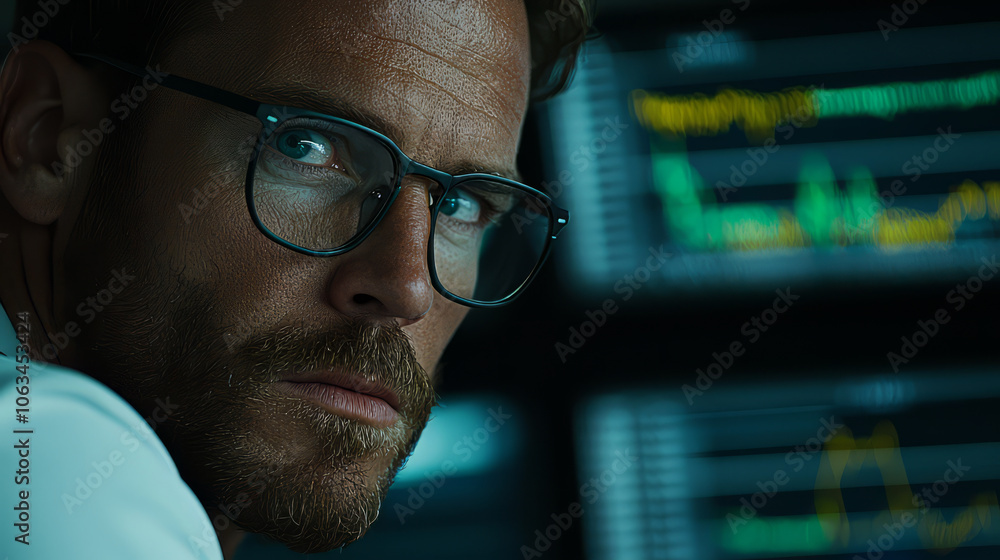 Poster man with glasses analyzing financial data on screens, focused expression