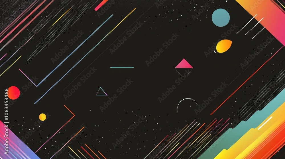 Poster a static-filled screen background with rainbow colors and vibrant geometric shapes floating in the f