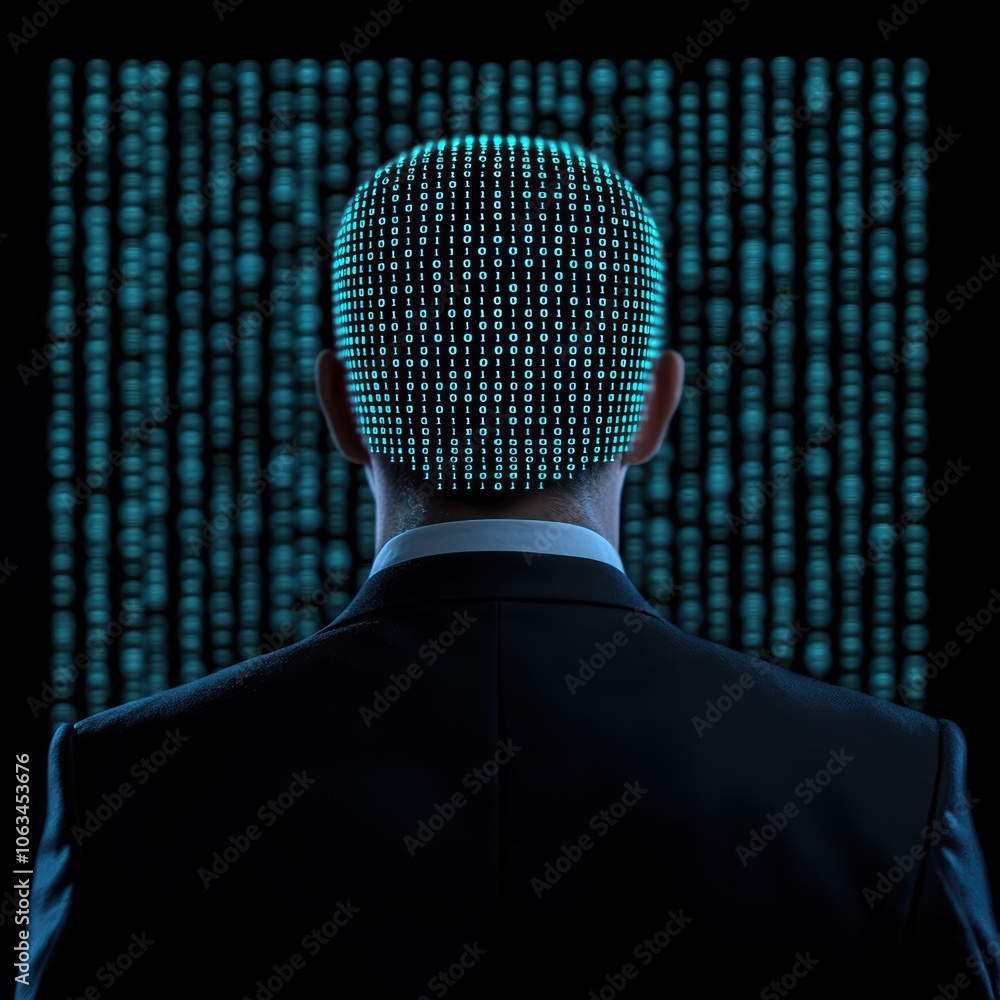 Poster a person in a suit viewed from behind, with a head composed of glowing binary code against a dark ba