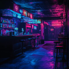 Step into a neon cyberpunk bar where digital decay meets glitchy textures, creating an immersive atmosphere of futuristic nightlife.