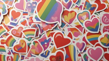 Naklejka premium A variety of Pride-themed stickers featuring hearts, flags, and empowering quotes supporting LGBTQ rights.