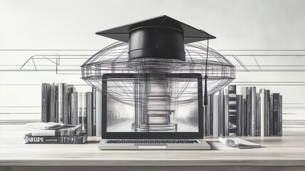 Embrace Imagination: A Modern Minimalist Desk Scene Featuring a Laptop, Sci-Fi Novels, and a Graduation Hat - Perfect Poster for Inspirational Study Spaces and Creative Interiors!