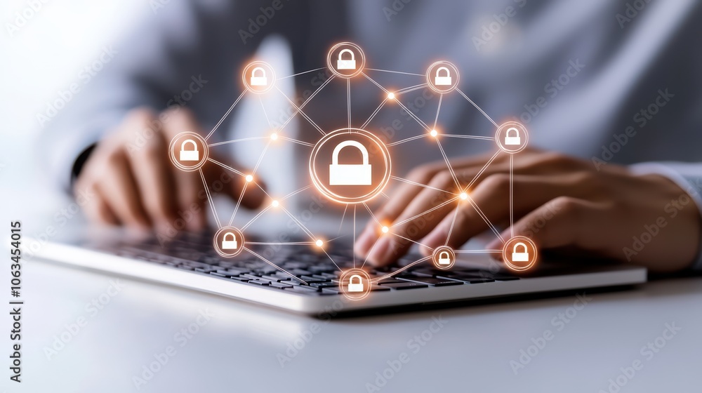 Poster a person's hands typing on a laptop keyboard with a network of digital lock icons above, symbolizing
