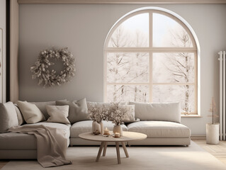 Christmas wreath on the wall in simple minimalist living room in neutral colors. Minimalist festive Christmas decor in interior.