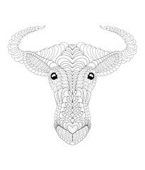Vector illustration of black and white portrait image with wildebeest. Drawn in zentangle style for t-shirt design or tattoo. Anti-stress coloring page with wild nature.