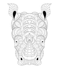 Vector illustration of black and white portrait image with rhinoceros. Drawn in zentangle style for t-shirt design or tattoo. Anti-stress coloring page with wildlife.