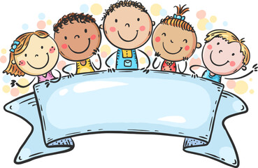 Happy cartoon kids holding ribbon with blank space. Multiethnic children with placard, doodle schoolkids holding banner