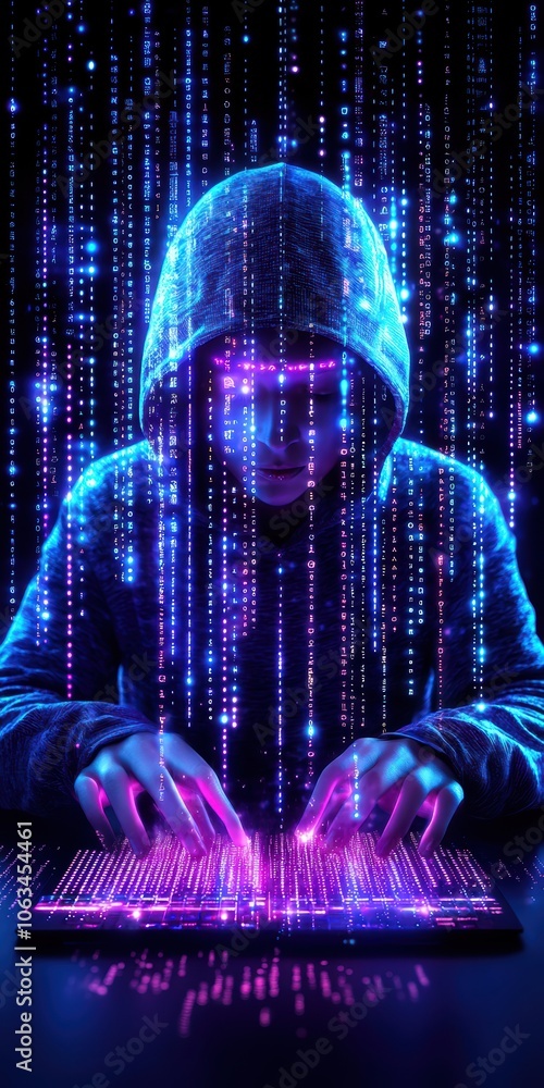 Poster a silhouette of a hooded figure typing on a futuristic keyboard, surrounded by glowing digital strea