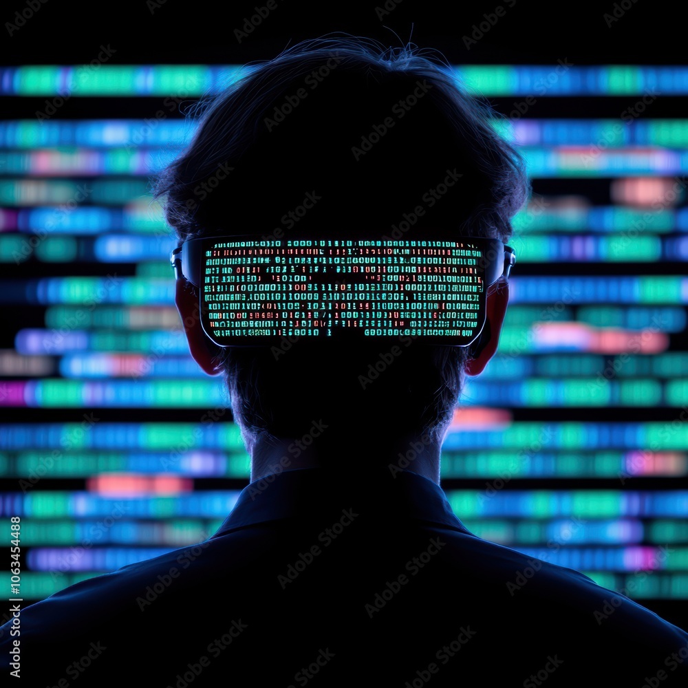 Poster a silhouette of a person wearing futuristic vr goggles, surrounded by colorful data streams in the b