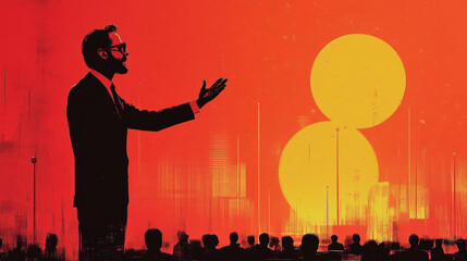 Business presentation at sunset with audience and dual sun effect