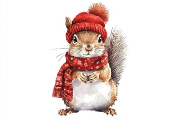 Charming watercolor of a Christmas Squirrel in a Santa hat and red scarf, perfect for festive holiday decor and cards