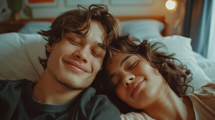 A young interracial couple peacefully hugging while sleeping on a cozy bed, exuding warmth and tranquility.