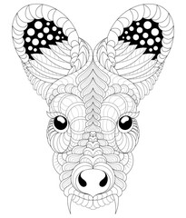 Vector illustration of black and white musk deer portrait image. Drawn in zentangle style for t-shirt design or tattoo. antistress coloring page with wildlife.