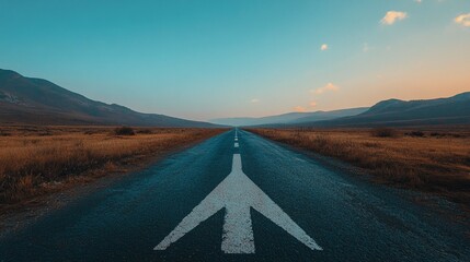 An empty road stretches ahead, featuring an arrow pointing to the horizon, representing the journey towards goals and success.