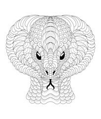 Vector illustration of black and white image of cobra portrait. Drawn in zentangle style for t-shirt design or tattoo. antistress coloring page with wildlife.