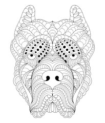 Vector illustration of black and white image of dog face. Drawn in zentangle style for t-shirt design or tattoo. anti stress coloring page with wildlife. Anti stress coloring page with dog,