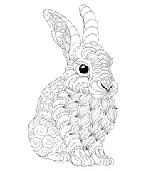 Vector illustration of black and white image of hare. Drawn in zentangle style for t-shirt design or tattoo. anti stress coloring page with wildlife. Anti stress coloring page with hare,