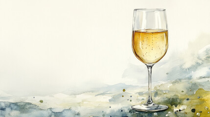 Elegant wine glass with white wine on abstract watercolor background