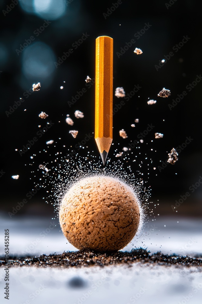 Poster a vibrant yellow pencil piercing through a textured sphere, surrounded by debris and particles, crea