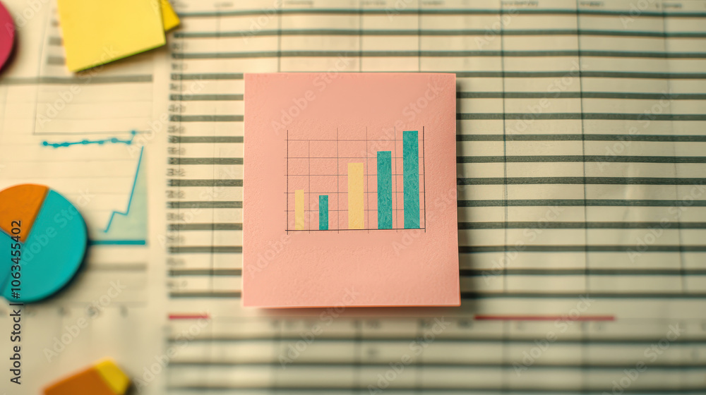 Poster colorful charts and graphs on sticky notes, showcasing data analysis and trends, evoke sense of crea