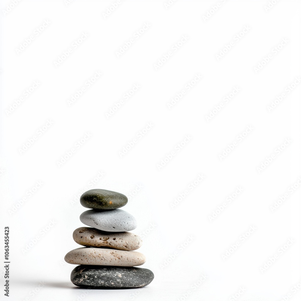 Poster smooth pebbles stacked on a minimalist background white background
