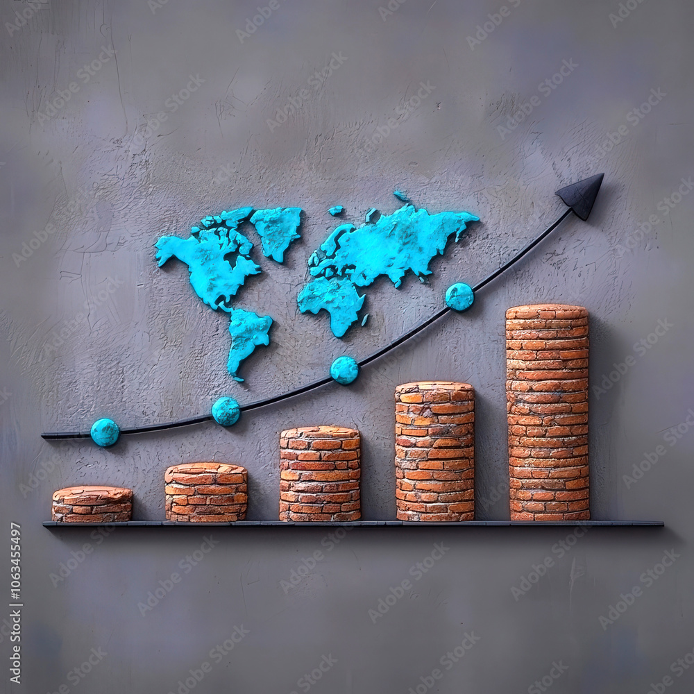 Poster creative graph with currency bars and world map illustrating financial growth.
