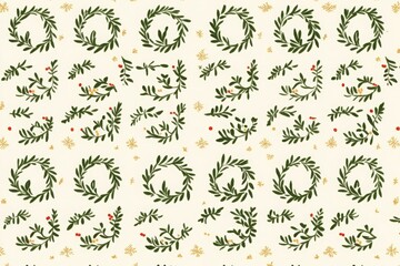 Christmas pattern with green wreaths, branches, and red berries on a light background, accented with golden snowflakes. Suitable for holiday decor, wrapping, and seasonal wallpaper
