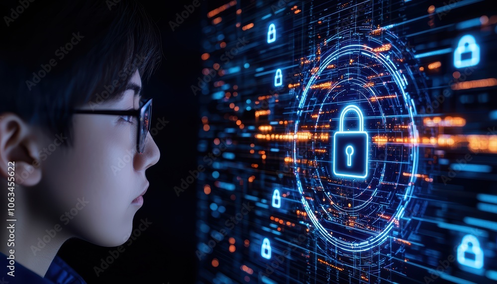 Poster a young person interacting with a digital interface featuring a lock symbol, representing cybersecur