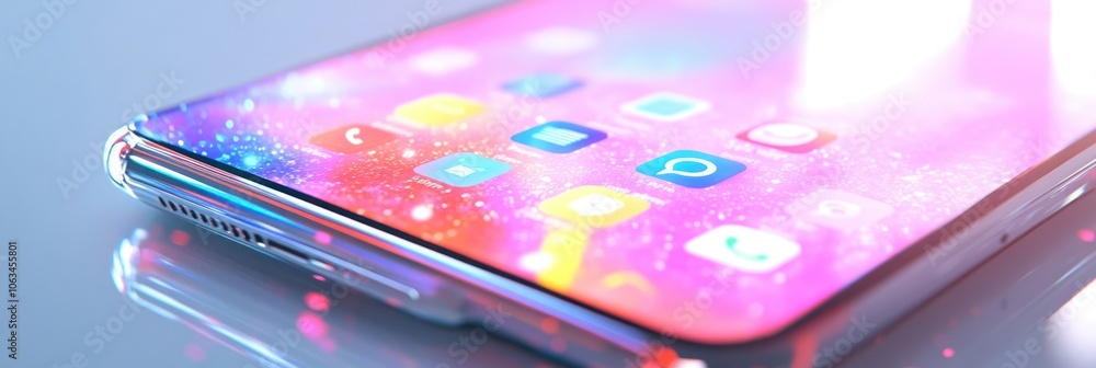 Poster close-up of a modern smartphone with a colorful display and a blurred background.