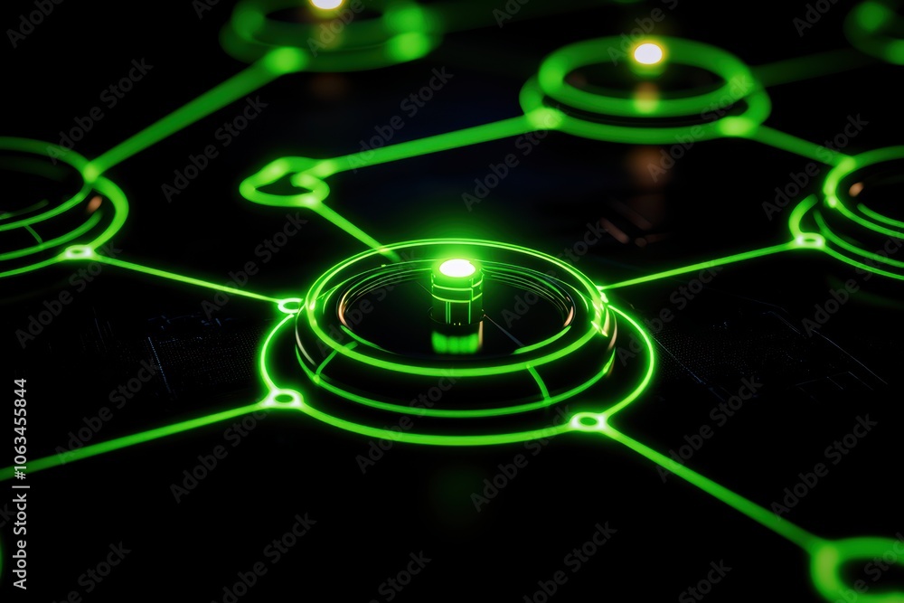 Poster abstract representation of a digital network with glowing green circuits and nodes, showcasing techn