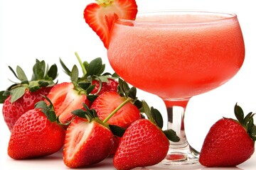 Refreshing Strawberry Daiquiri in Tropical Glass White Background