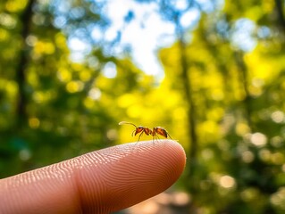 A small ant sitting on top of a finger