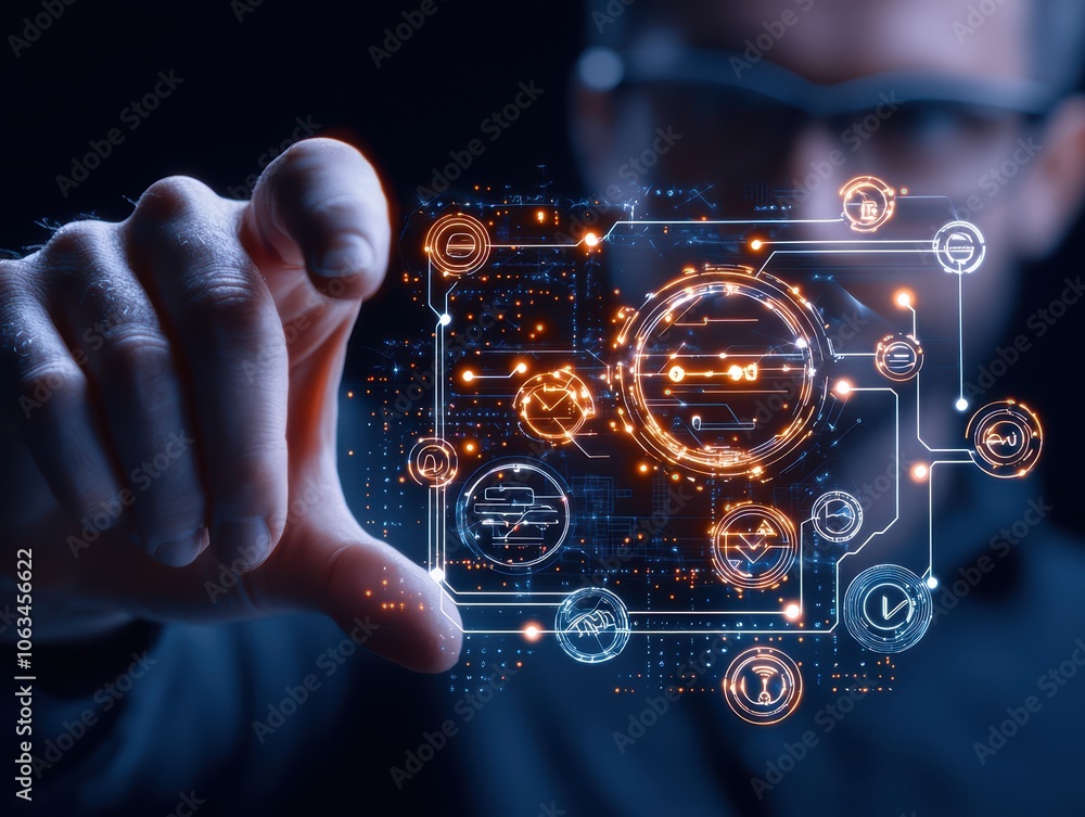 Poster close-up of a person interacting with a holographic interface, showcasing digital icons and data vis