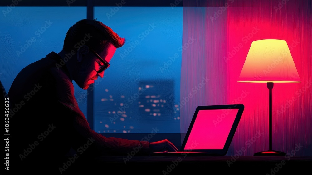 Poster young man working late at night, illuminated by colorful ambient light from a lamp and computer scre