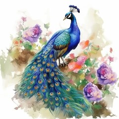 A blue peacock is standing in front of a bunch of pink flowers