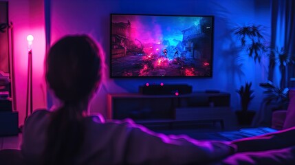 Immerse Yourself in Action: Stunning Poster of a Gamer on a Couch Battling in a Vibrant Video Game Scene with Dynamic Blue and Purple Lighting – Perfect for Sports and Gaming Interiors!